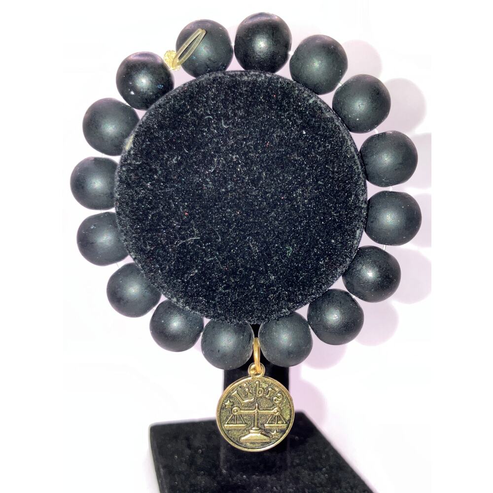 Libra Charm Black Beaded Elastic 8" Bracelet!